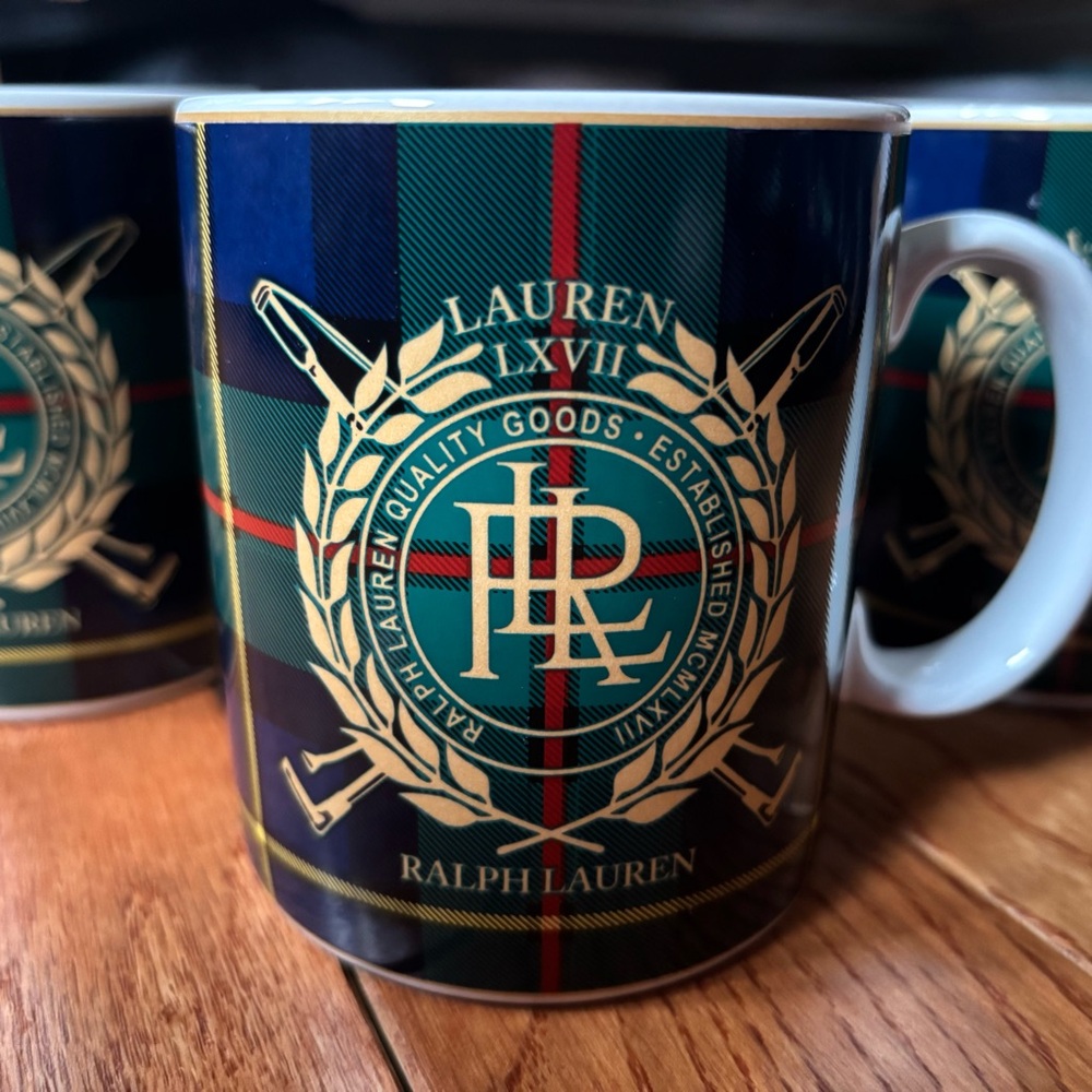 Ralph Lauren Tartan Plaid Mugs - Lauren LXVII Crest Gold Logo - Set of 4 - EUC